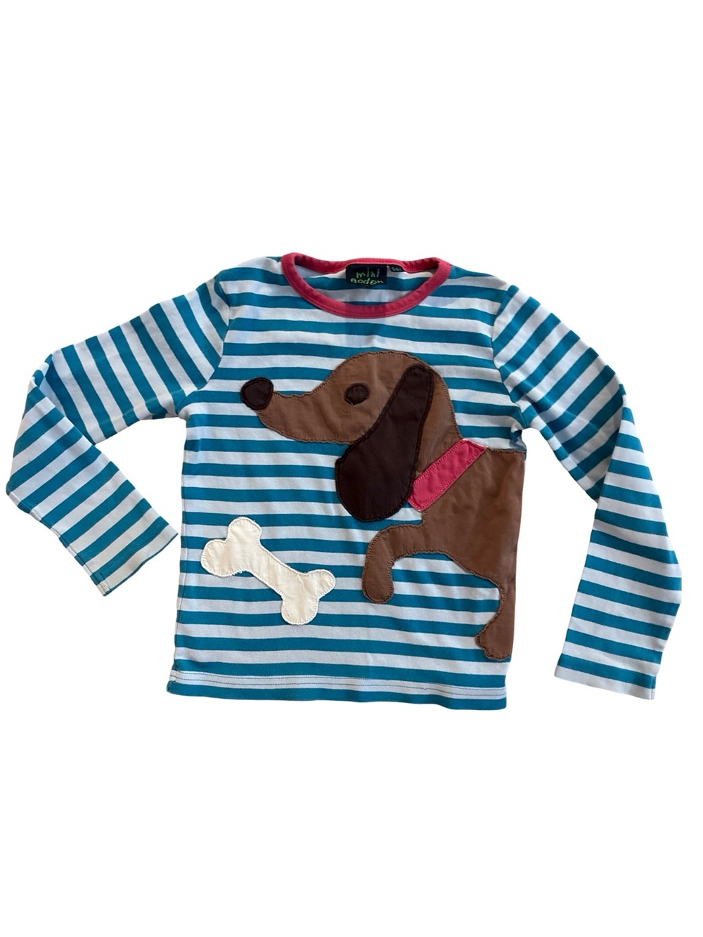 Mini Boden Blue & White Striped Long-Sleeve Top with Dog  Patch Applique 5-6Y